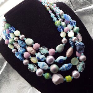 1950 JAPAN PALE BLUE & PINK HANDMADE ARTGLASS BEADS 4 STRD. 16" L. NECKLACE 3-A